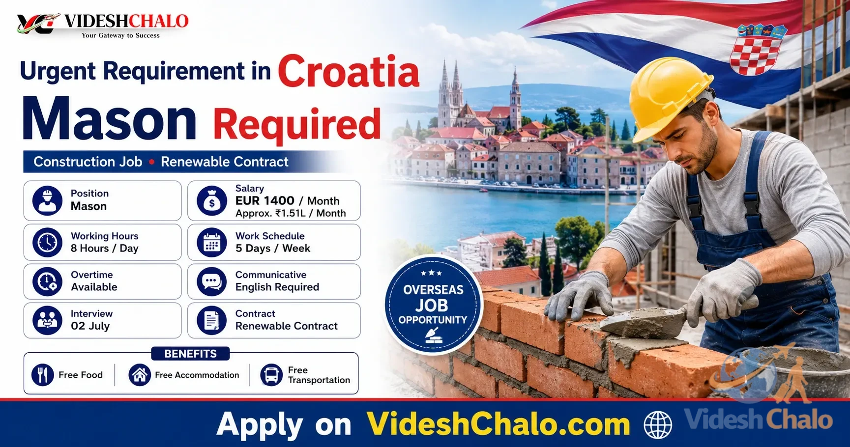 Urgent Mason Job Vacancy in Croatia with Salary EUR 1400 per Month by VideshChalo