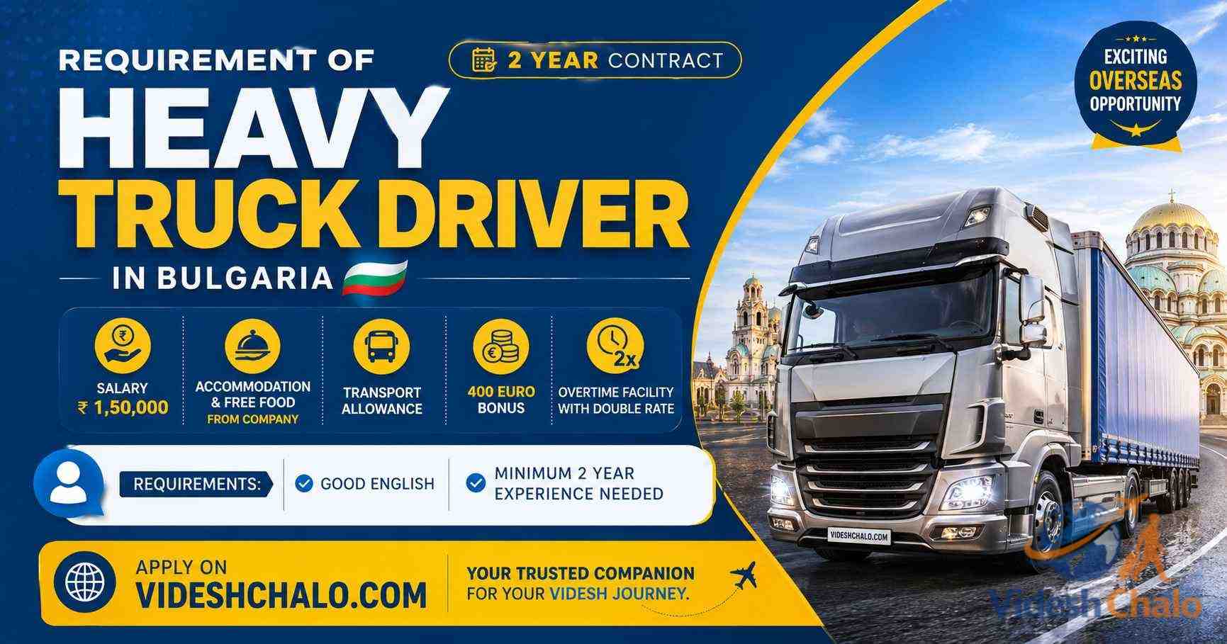 Heavy Truck Driver Job Vacancy in Bulgaria with salary ₹1.5 lakh per month, free accommodation, food, transport allowance, and overtime benefits through Videshchalo.
